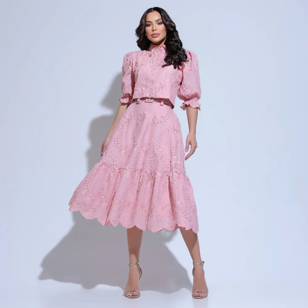 Conjunto Feminino Richelieu 3D Rosa Bordado Luma - FL22