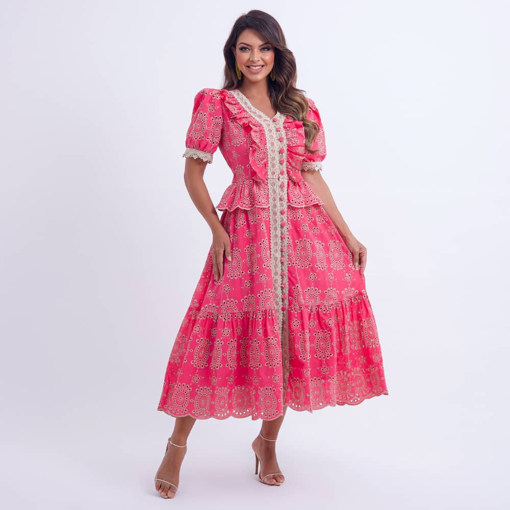 Vestido Feminino Midi Rosa com Renda Tiffany - FL02