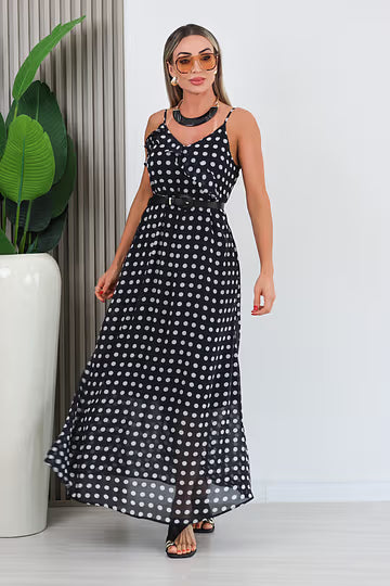 VESTIDO LONGO PRETO C/ POÁ CÁSSIA